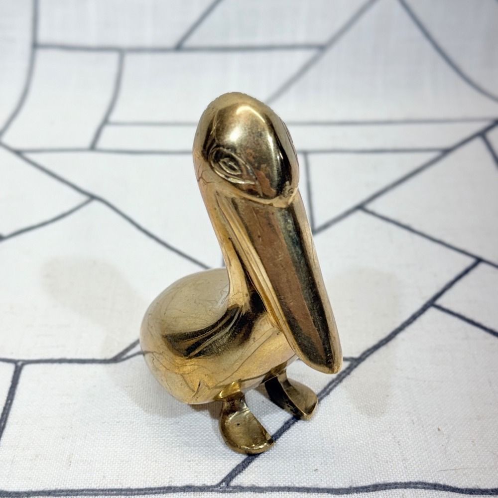Vintage Pelican Figurine Small Gold Solid Brass India Coastal Bird Decor
